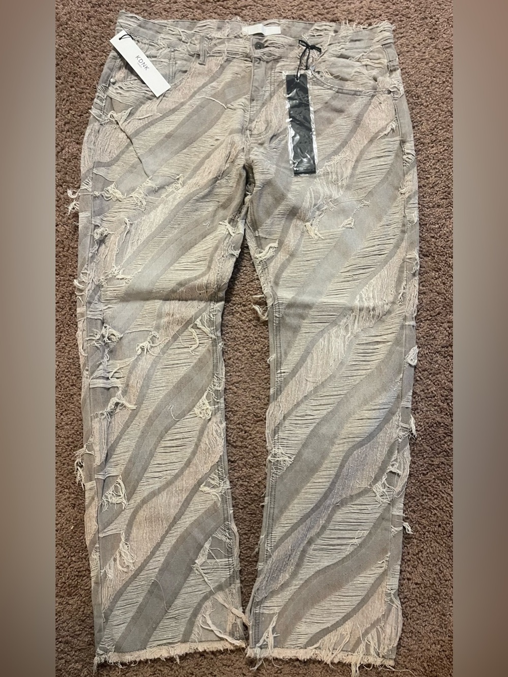 KDNK Distressed Striped Wide-Leg Jeans in Taupe & Gray
